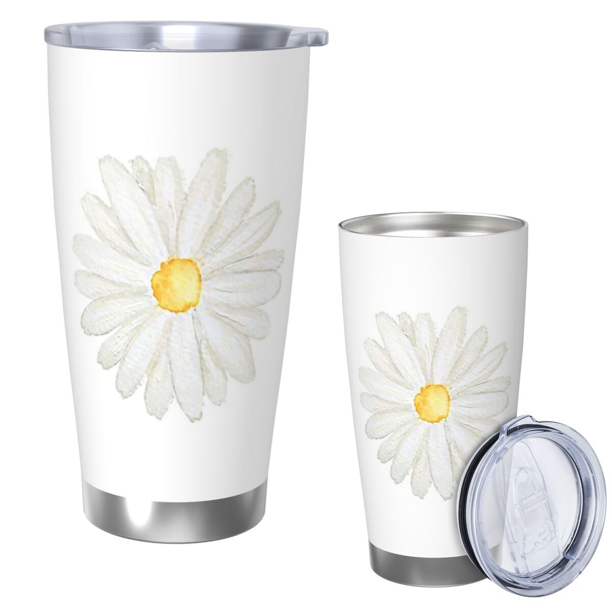 Tumbler 20Oz White - Handbemalter, ein kleiner weißer Gänseblümchen-Aquarell-Edelstahlbecher, vakuumisolierte