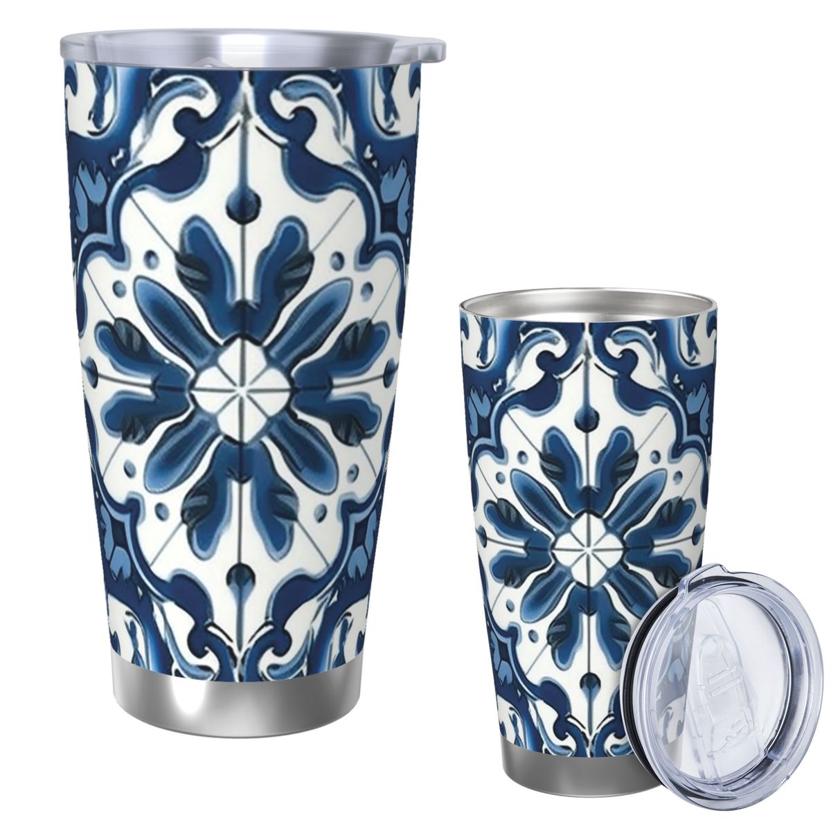 Tumbler 20Oz White - Blaue und weiße Majolica-Muster-Edelstahlbecher, vakuumisolierte Becher,